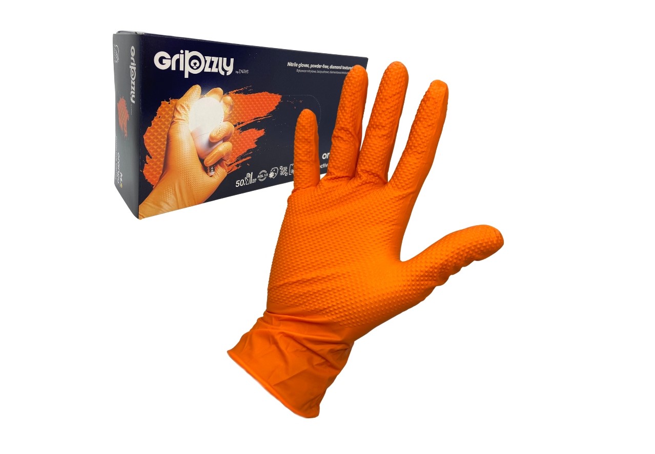 Rękawice nitrylowe warsztatowe bezpudrowe Gripzzly pomarań...