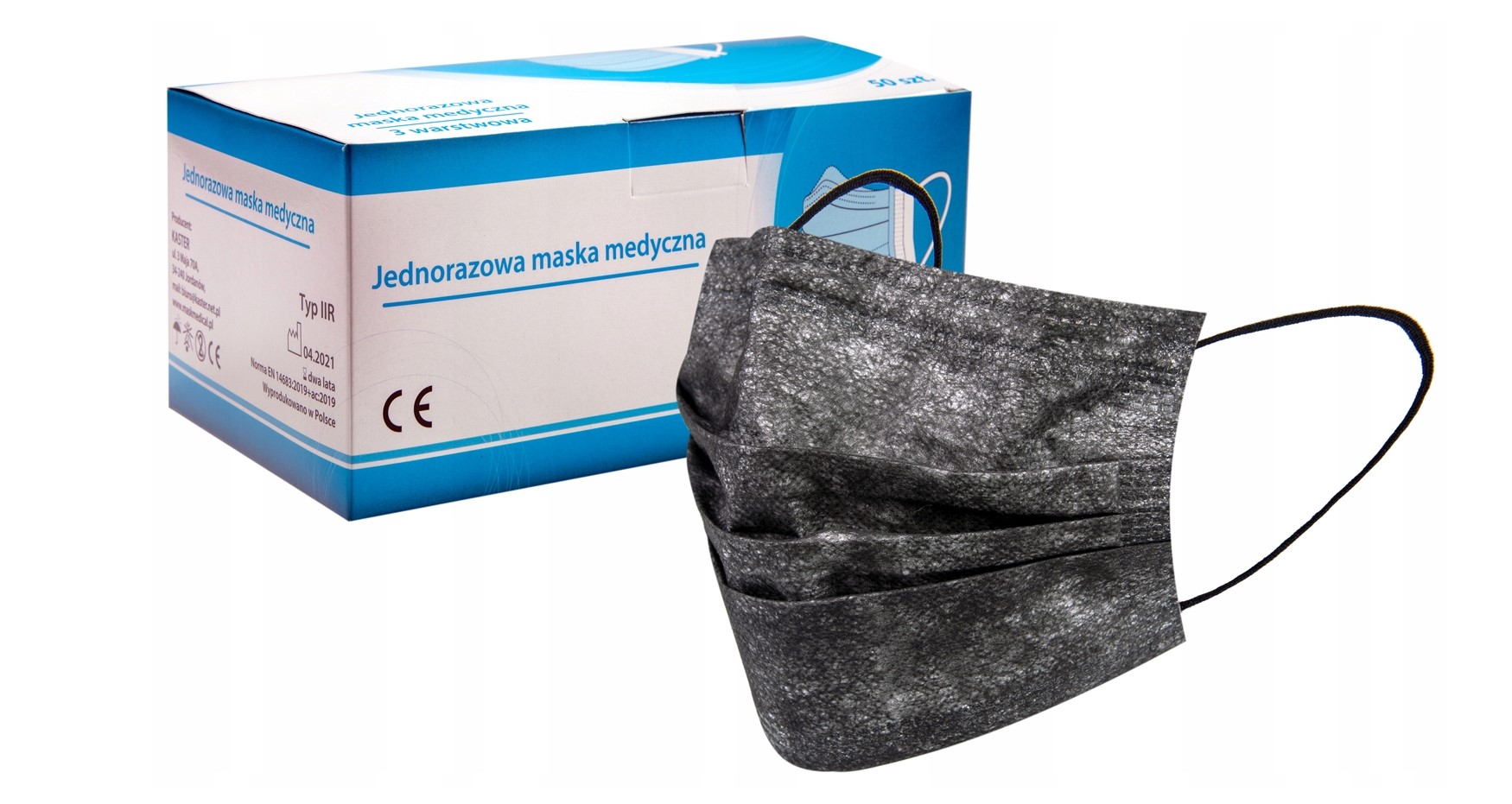 Maska chirurgiczna czarna typ II 50szt medyczna, trójwarstwowa, na gumce