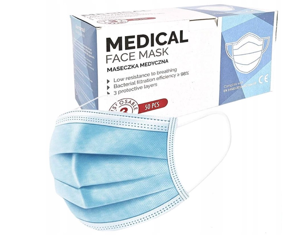 Maska chirurgiczna niebieska typ IIR 50szt medyczna, trójwarstwowa, na gumce