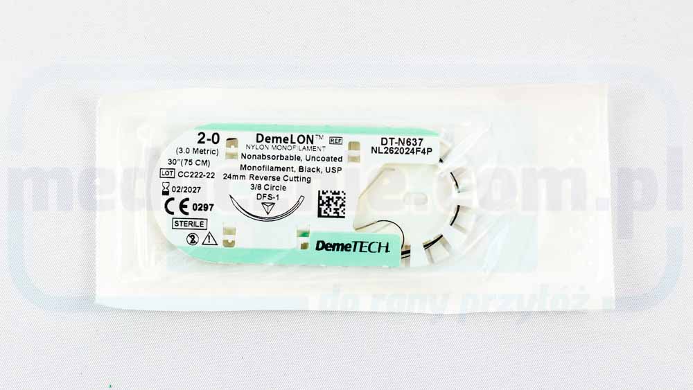 Nić Chirurgiczna DEMELON (niewchłanialna) 2/0 75cm niebieska z igłą odwrotnie tnącą 3/8 24mm DEMETECH 1 szt