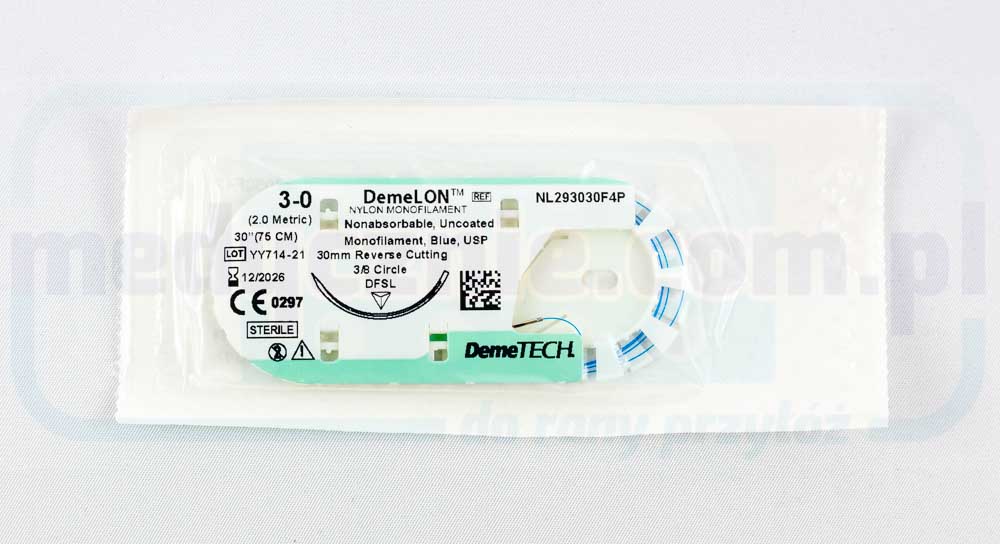 Nić Chirurgiczna DEMELON (niewchłanialna) 3/0 90cm niebieska z igłą odwrotnie tnącą 3/8 30mm DEMETECH 1 szt